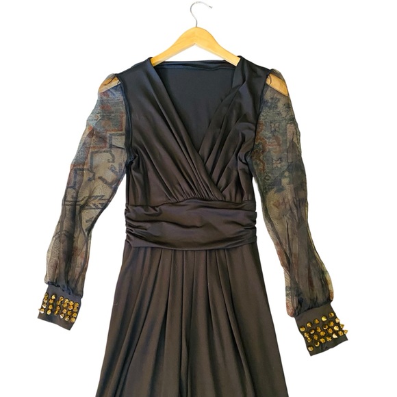 ⭐️ Black Long Sleeved Catsuit Jumpsuit With Sheer Sleeves and Studded Cuffs - Picture 4 of 8